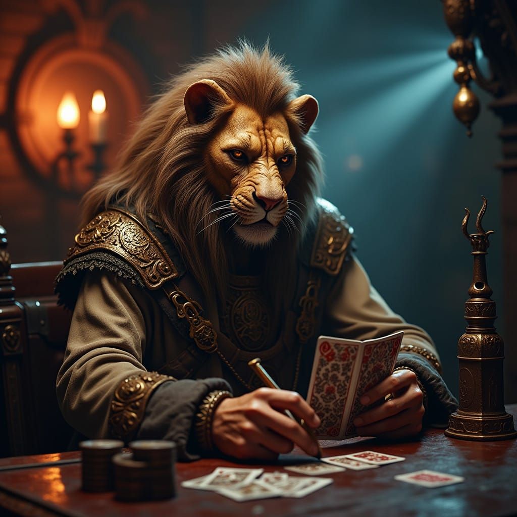 Tabaxi Man with Lion's Head Plays Cards in Underground Bar,....
