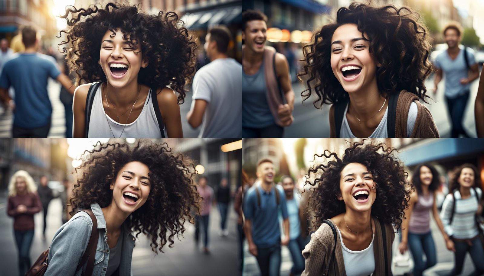 Friends Laughing on Busy Street: Photorealistic Stock Photo