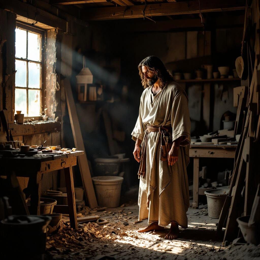 Jesus in Carpenter's Workshop: Hyperrealistic Photography