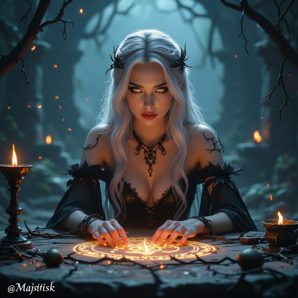 Dark Enchantress Performing Ritual in Moonlit Forest Temple