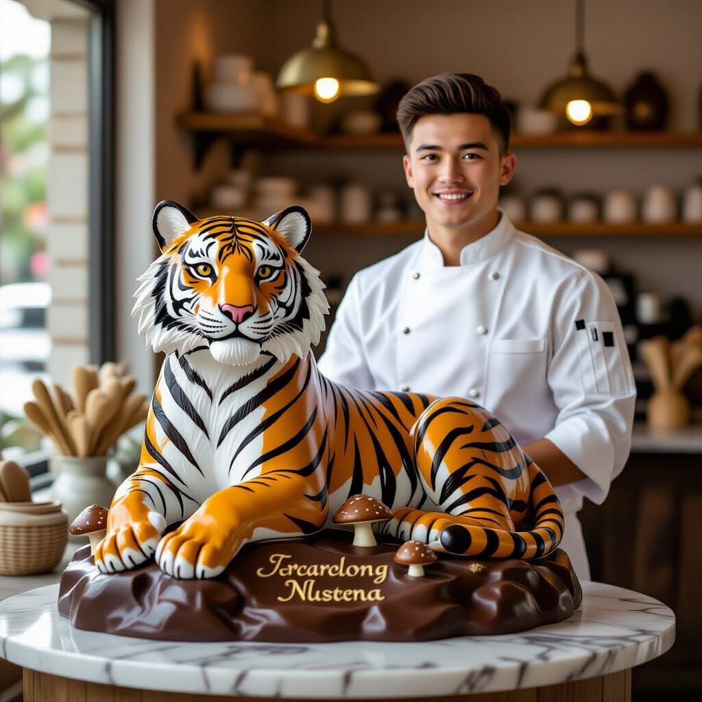 Life-Sized Chocolate Tiger Sculpture in Bakery