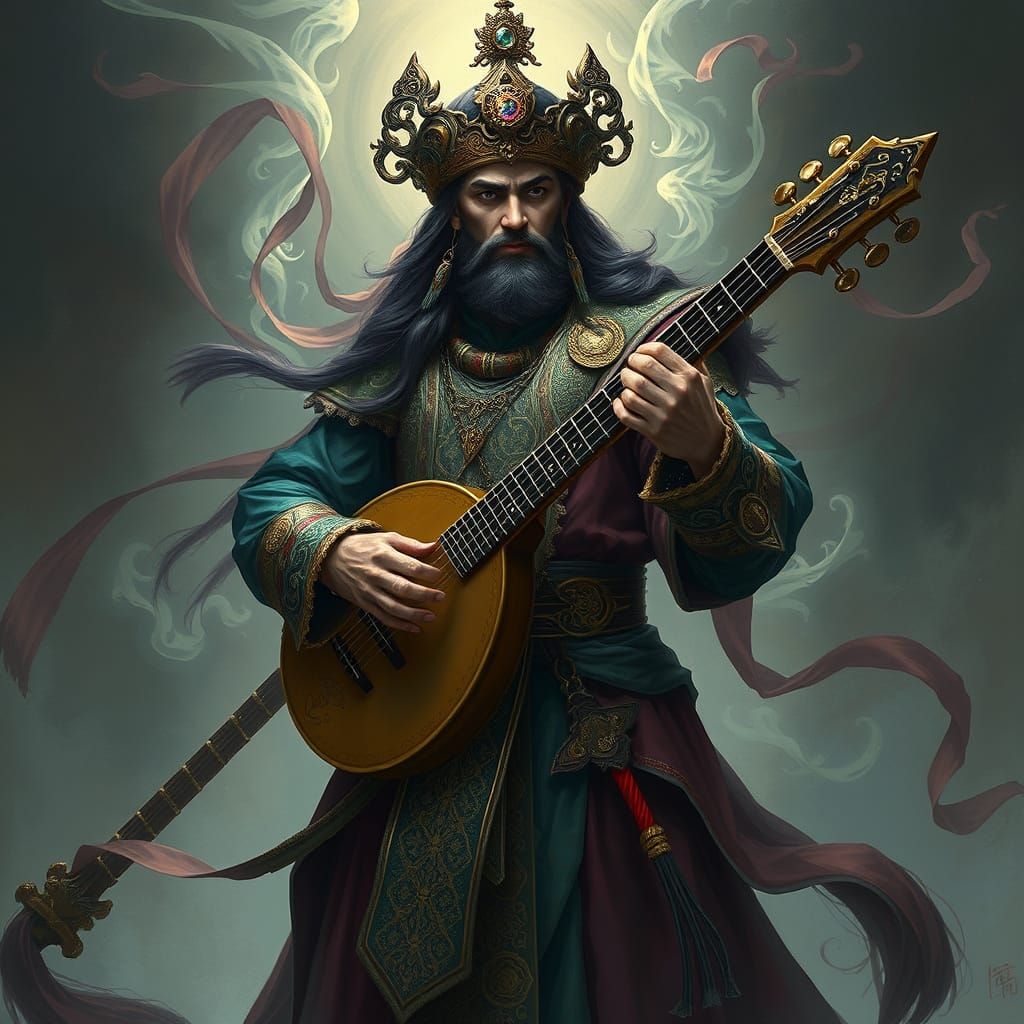 Mystical Kalashtar Bard with Lute, in Digital Art Style