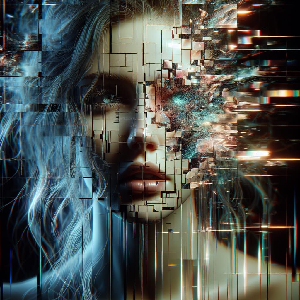 Glitch Art Portrait: Woman Fragmented in Digital Decay