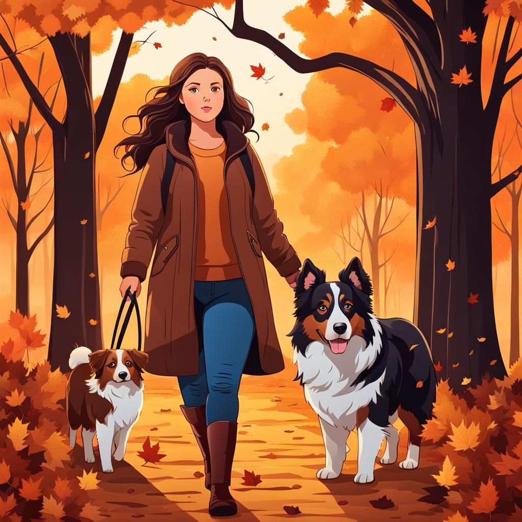 Girl and Dog Walk in Autumn Line Art