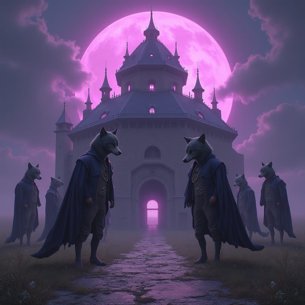 Giant Wolf-Dogs Guard Hexagonal Prison in Sci-Fi Style