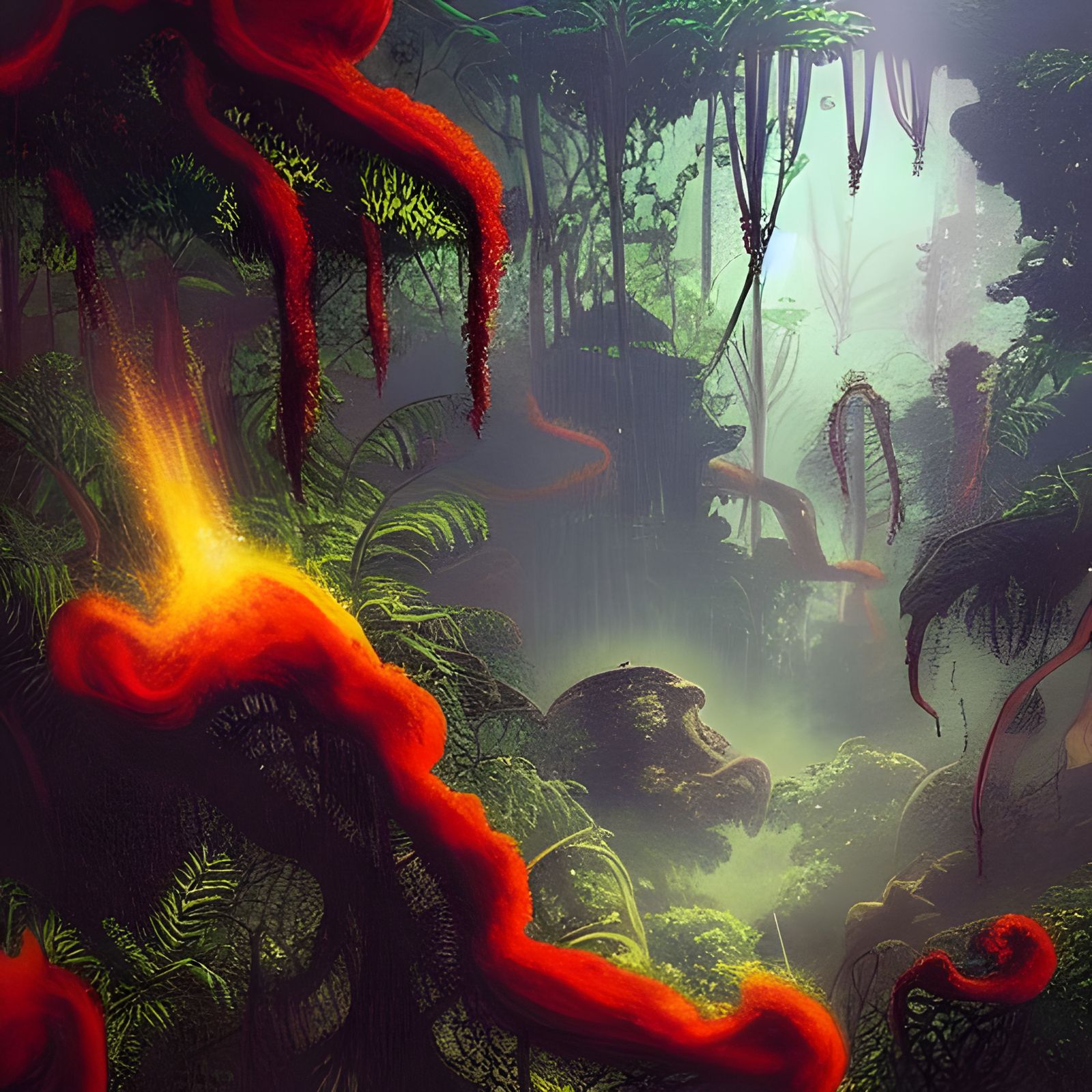 Volcanic Jungle in Space with Steampunk Engine