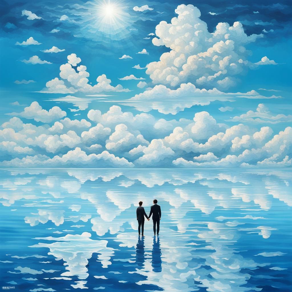 Lovers Floating on Clouds in Azure Sky