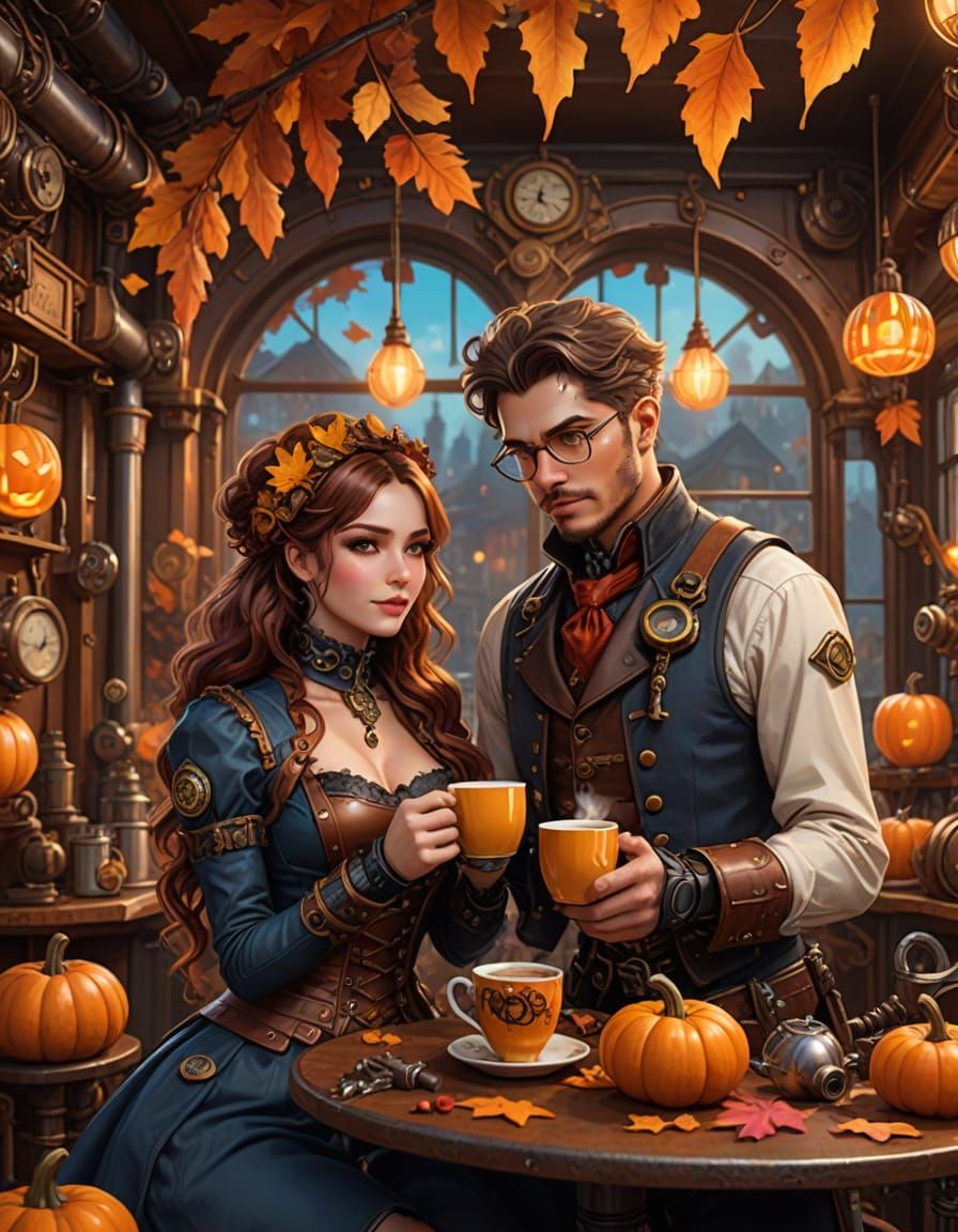 Steampunk Couple in Autumn Cafe: Hyperrealistic 3D Anime Art