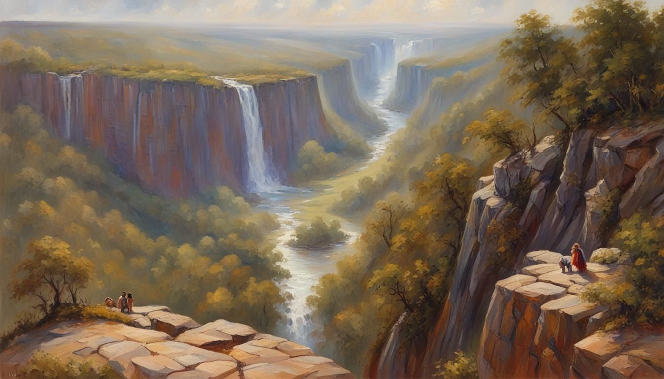 Cliffside Waterfall Valley View as Oil Painting
