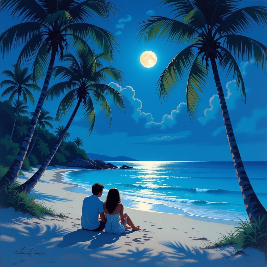 Lovers on a Serene Beach in Hyperrealistic Style