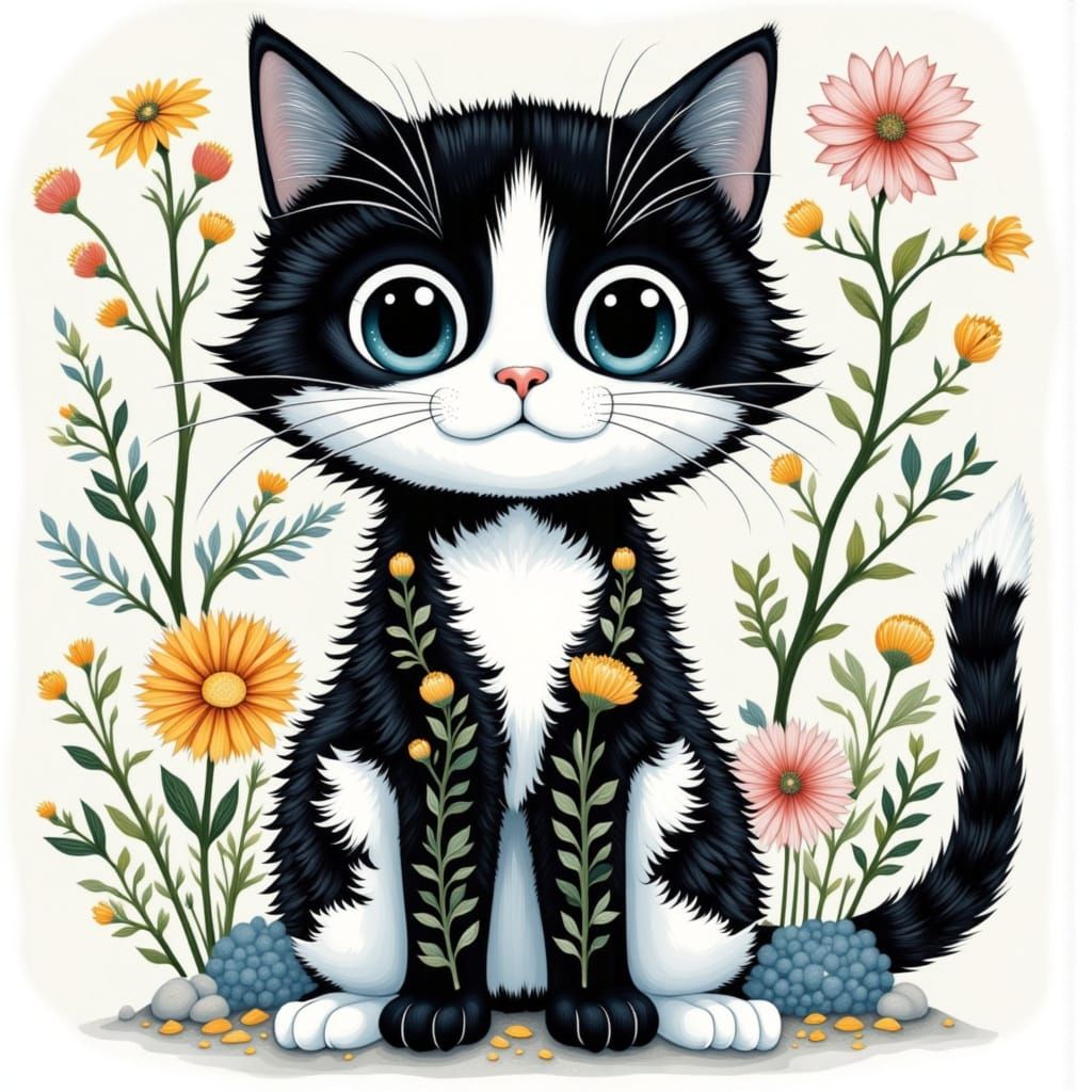 Whimsical Scandinavian Folk Art Cat in a Serene Garden