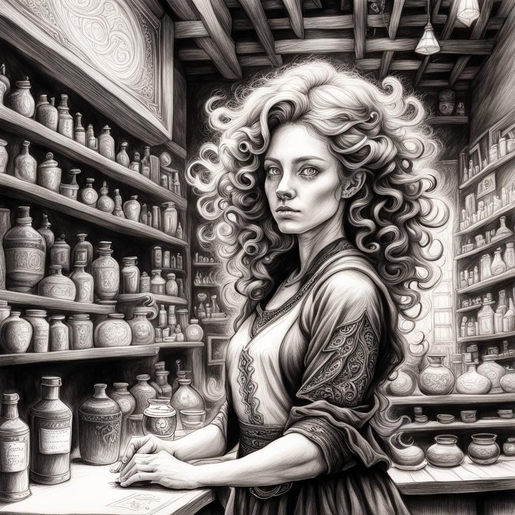 Fantasy Alchemy Shop Charcoal Drawing of Redhead