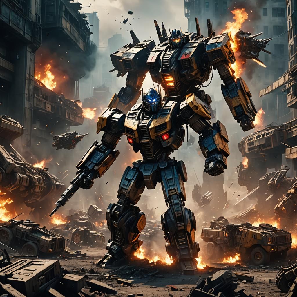 Cinematic Sci-Fi Transformers Clash in War Zone