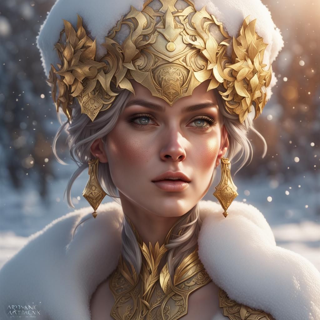 Intricate Portrait of a Snow Woman in Gold