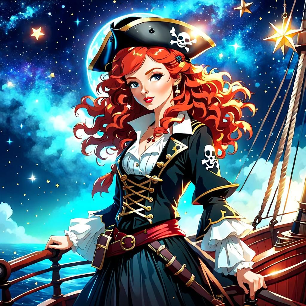Cosmic Pirate: Red-Haired Woman on Starry Seas