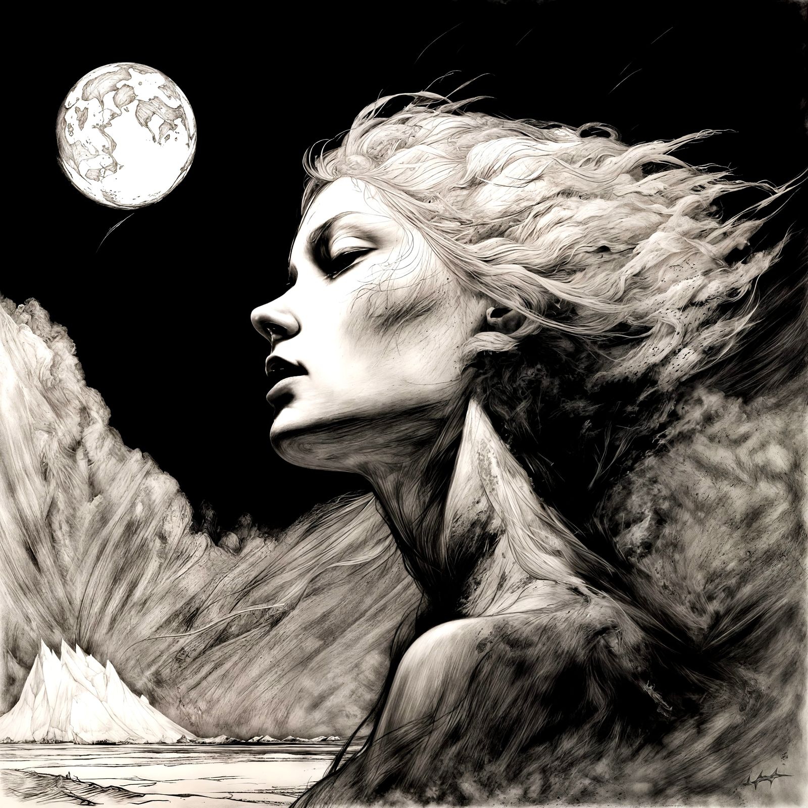 Dreamlike Shadows: Charcoal Drawing in Black and White