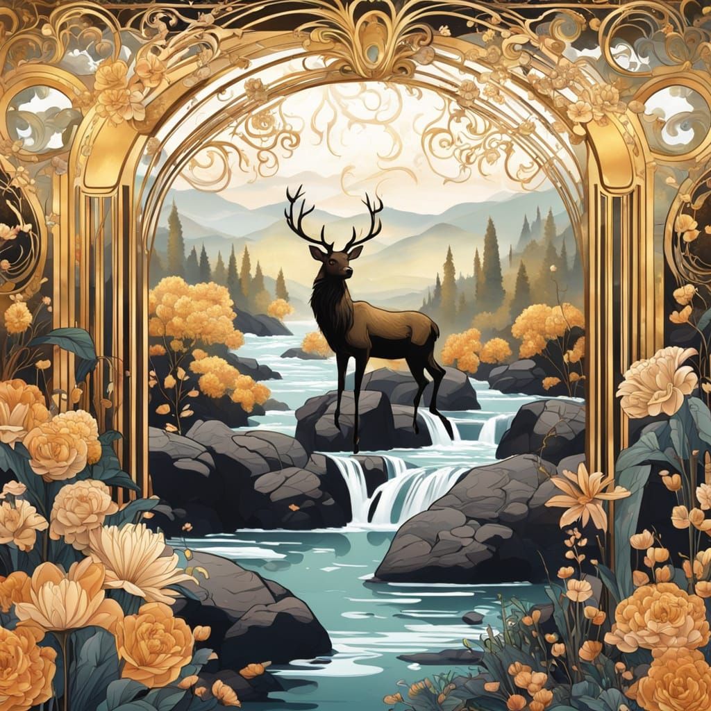 River, Waterfall, Deer, and Rocks in Art Nouveau