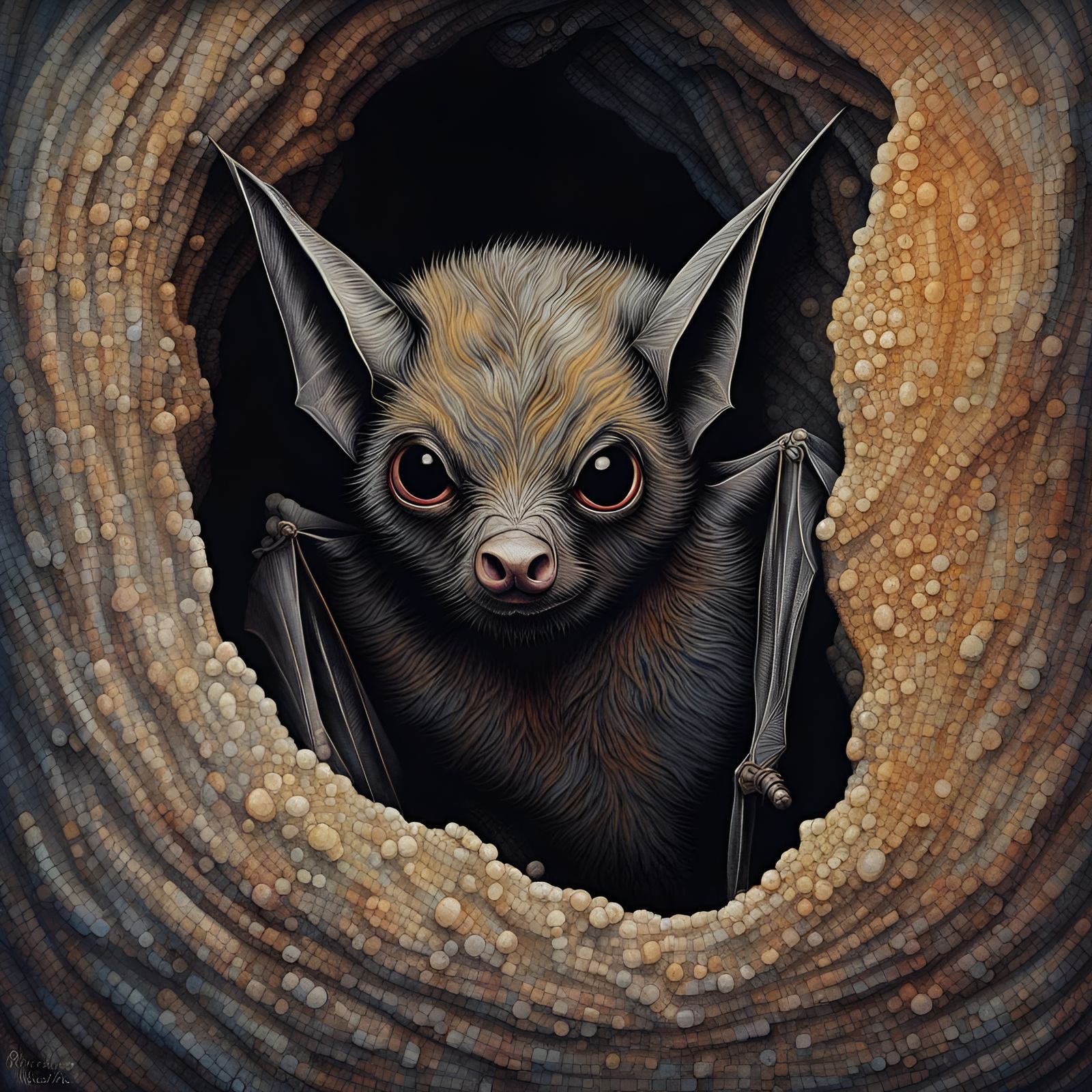 Detailed Bat Portrait in Cave with Abstract Pattern