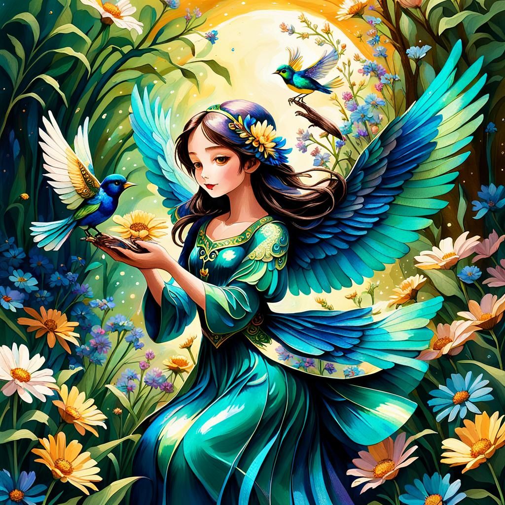 Iridescent Bird Messenger in Whimsical Garden Scene