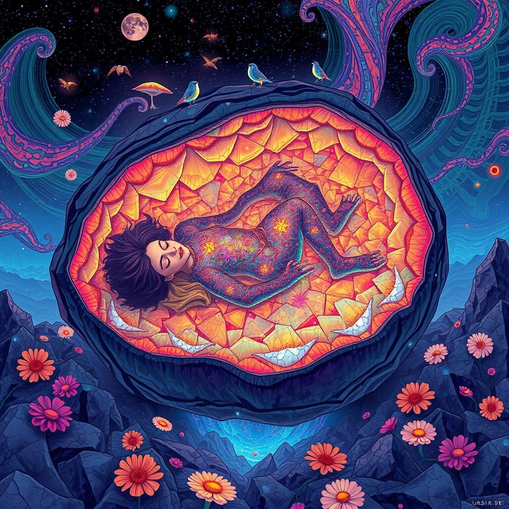 Surreal Dreamscape: Person Asleep Inside Geode