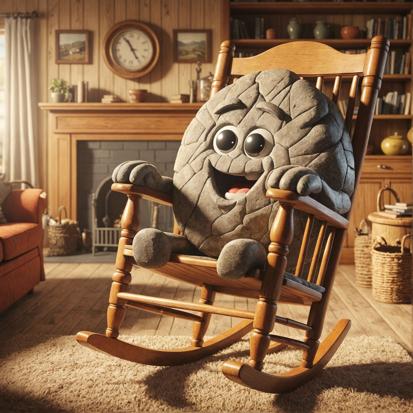 Happy Rock Character in Cozy Living Room, CGI Style