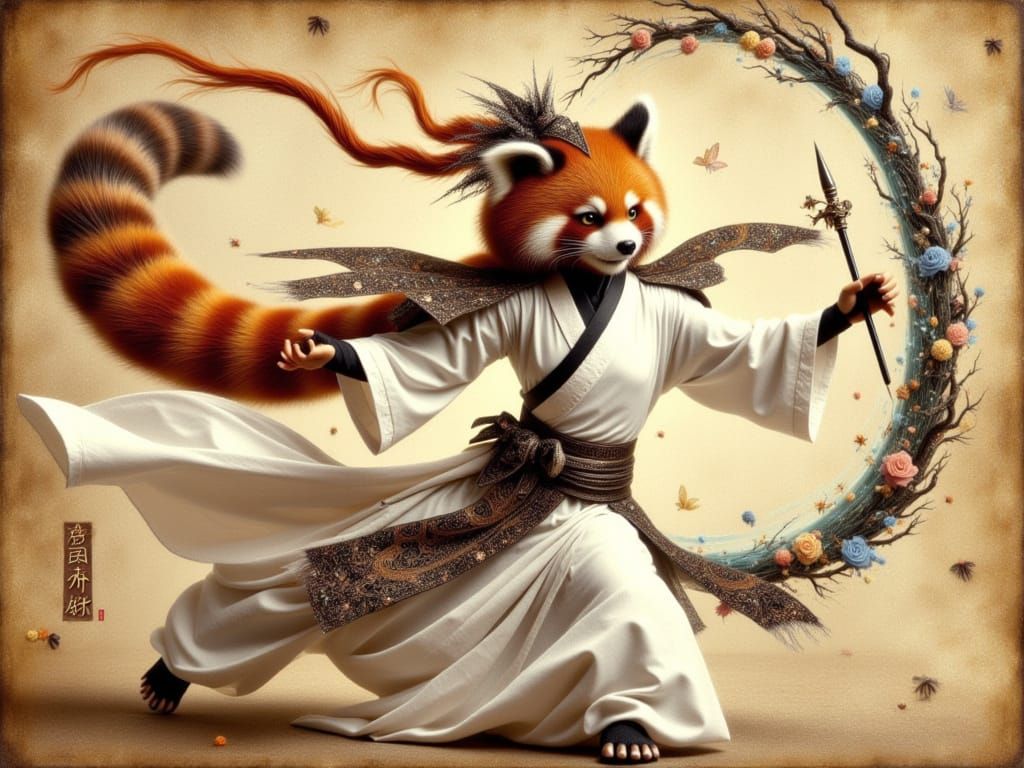 Martial Red Panda Master in Traditional Chinese Artistic Sta...