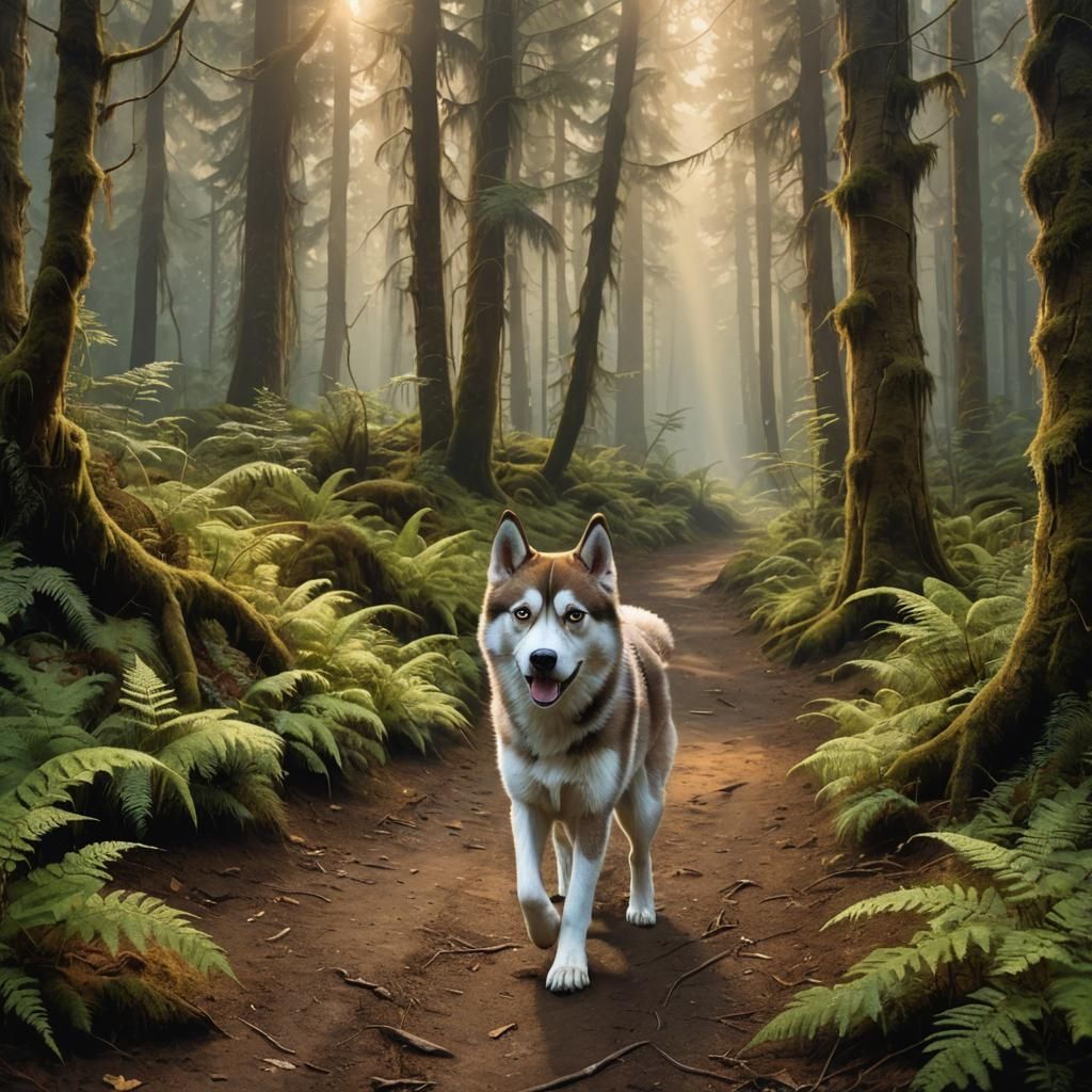 Husky in Mystical Forest: Vibrant Oil Painting