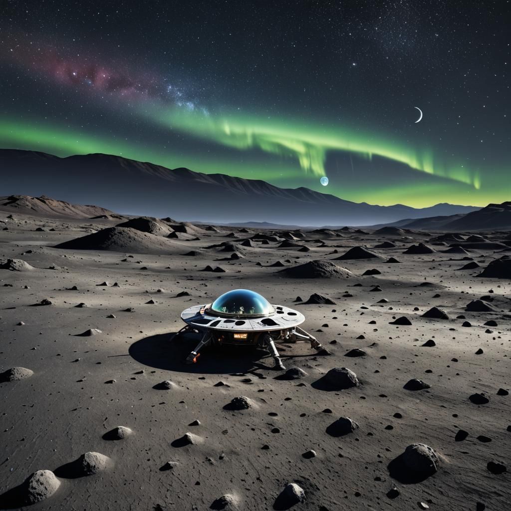 Hyperrealistic Miniature Alien Spaceship on Moon Photograph