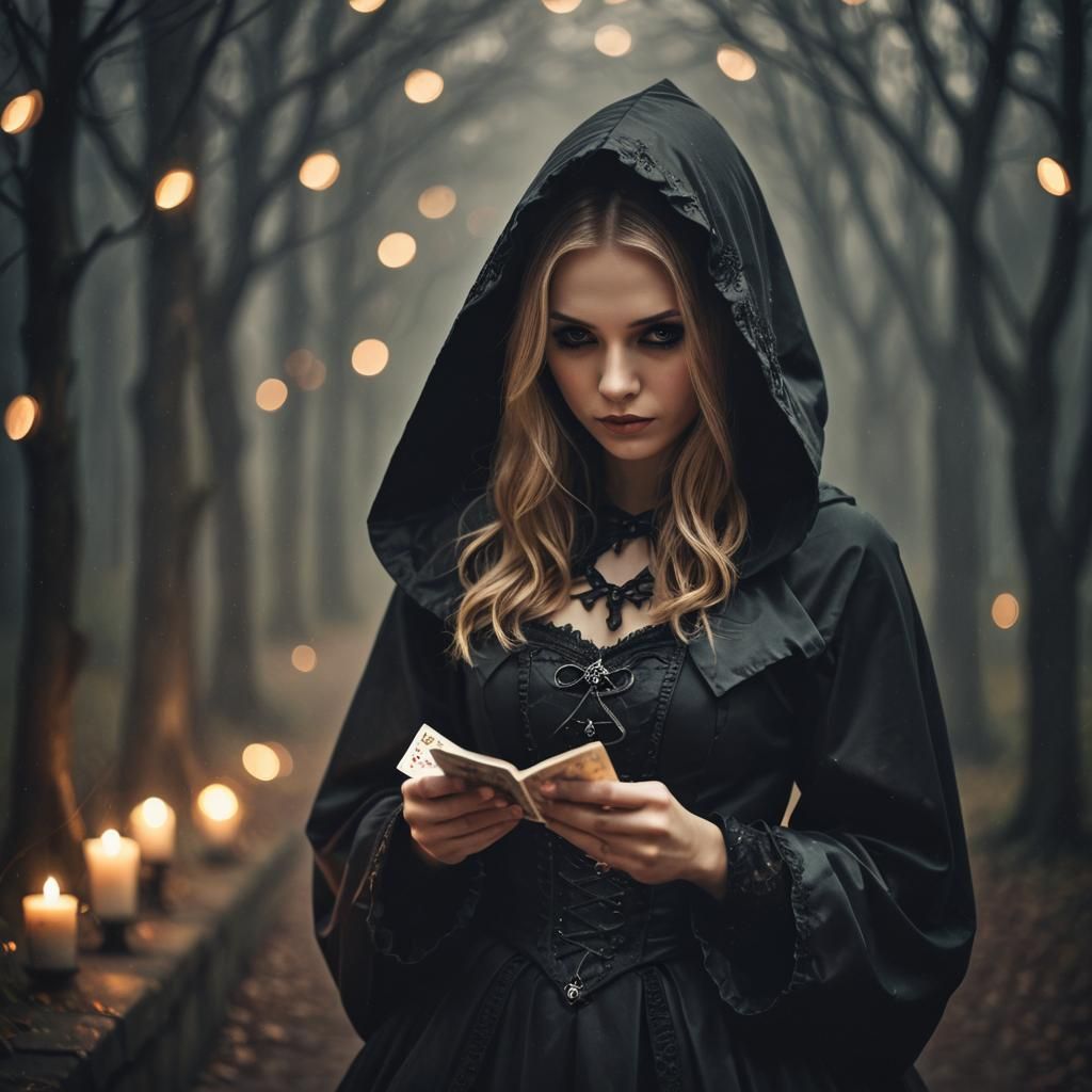 Mysterious Gothic Girl with Cards in Dark Fantasy Style