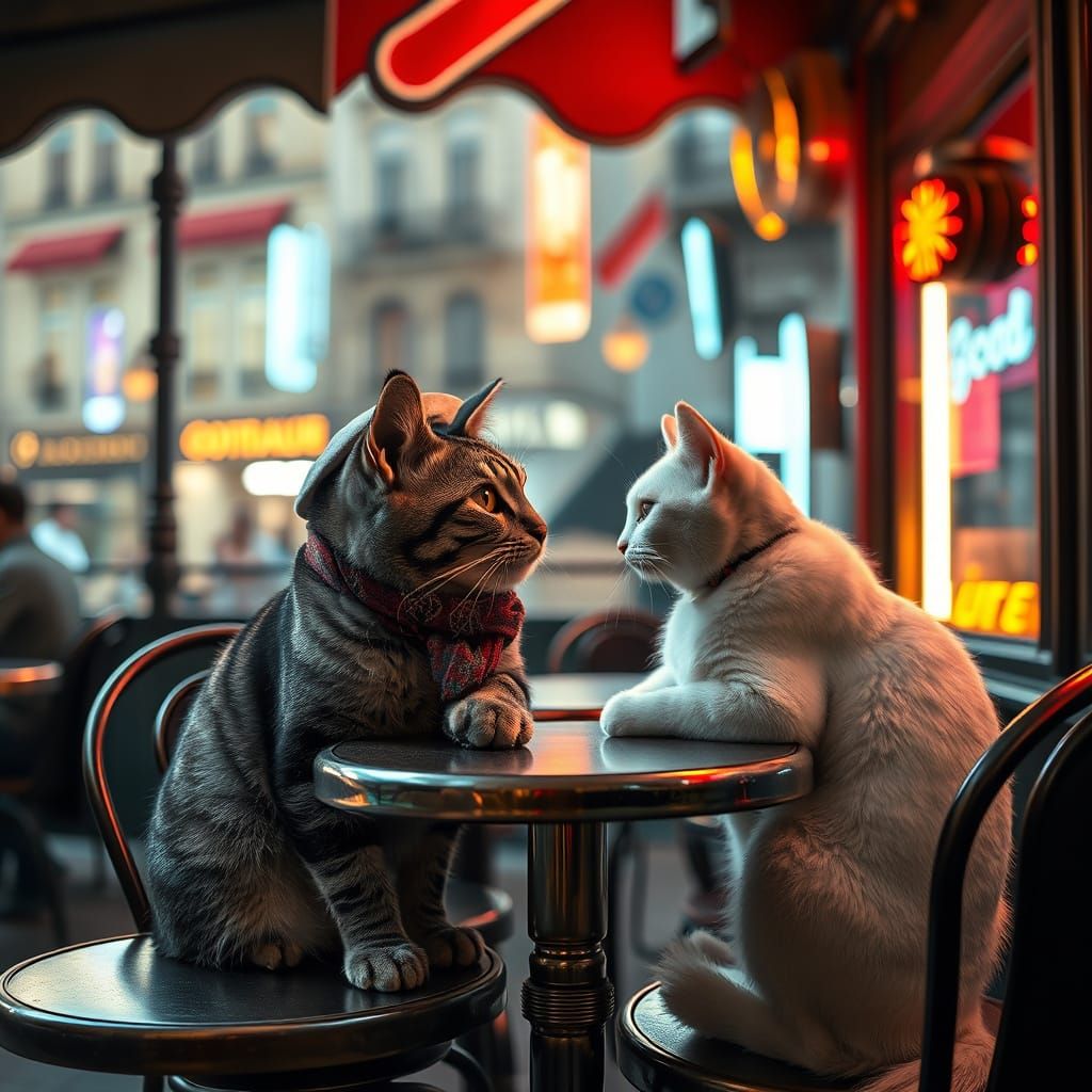 Charming Gray Tabby Cat Locks Eyes with Retro-Futuristic Whi...