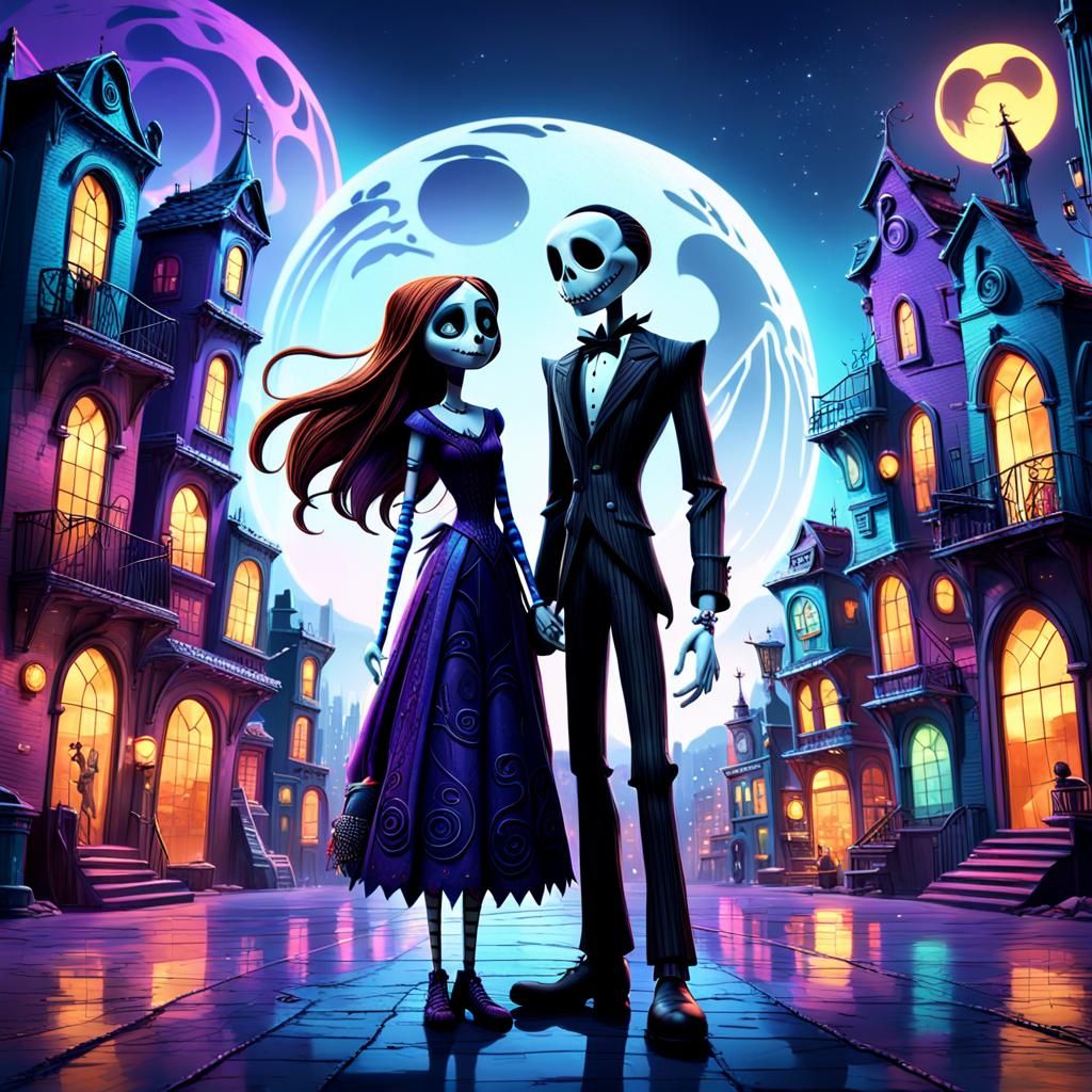 Jack and Sally in Vibrant Cityscape: Pixar Style
