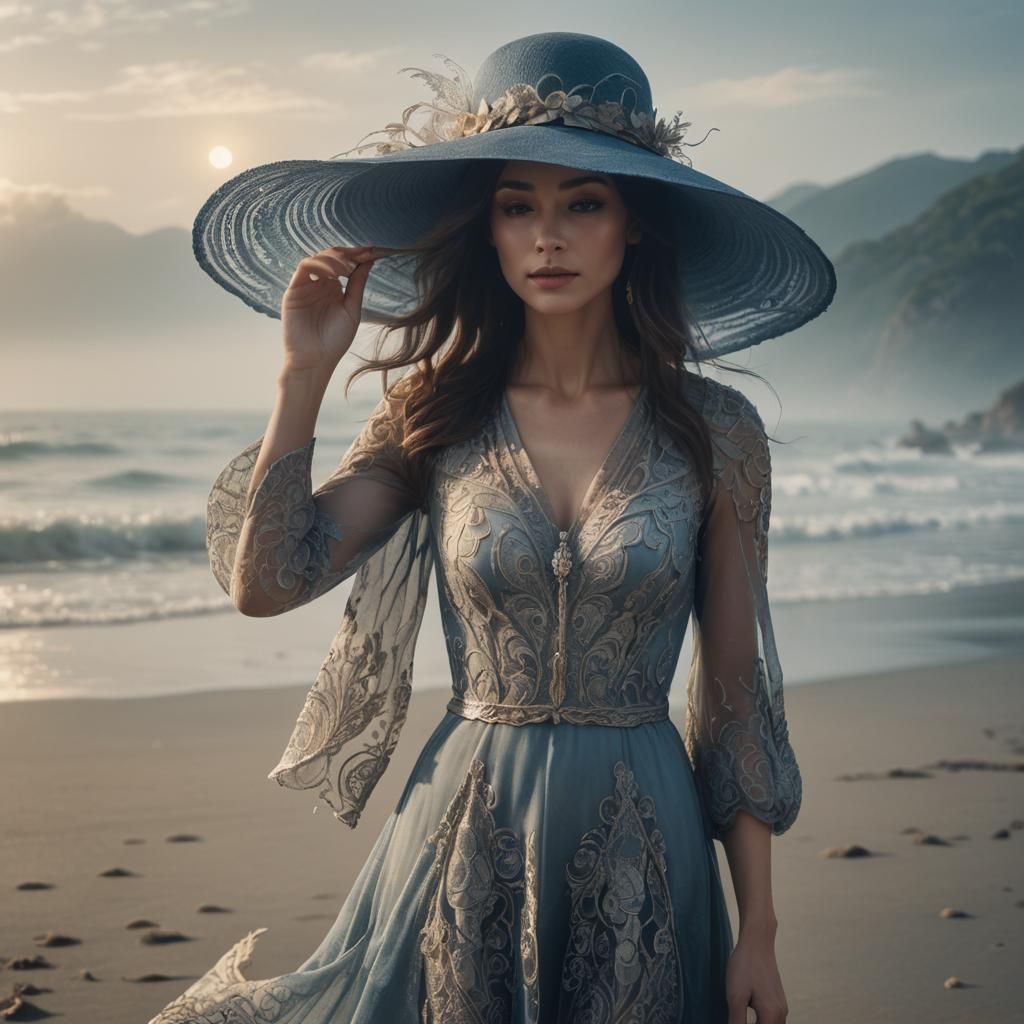 Elegant Woman on Misty Beach in Fantasy Art Style