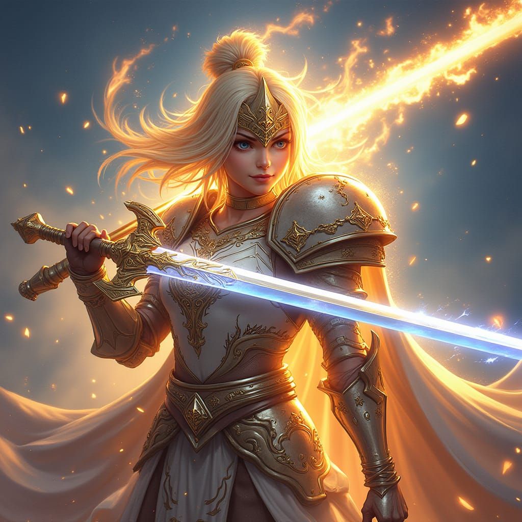 Anime Warrior of Light in Glowing Armor, Shield of Faith, an...