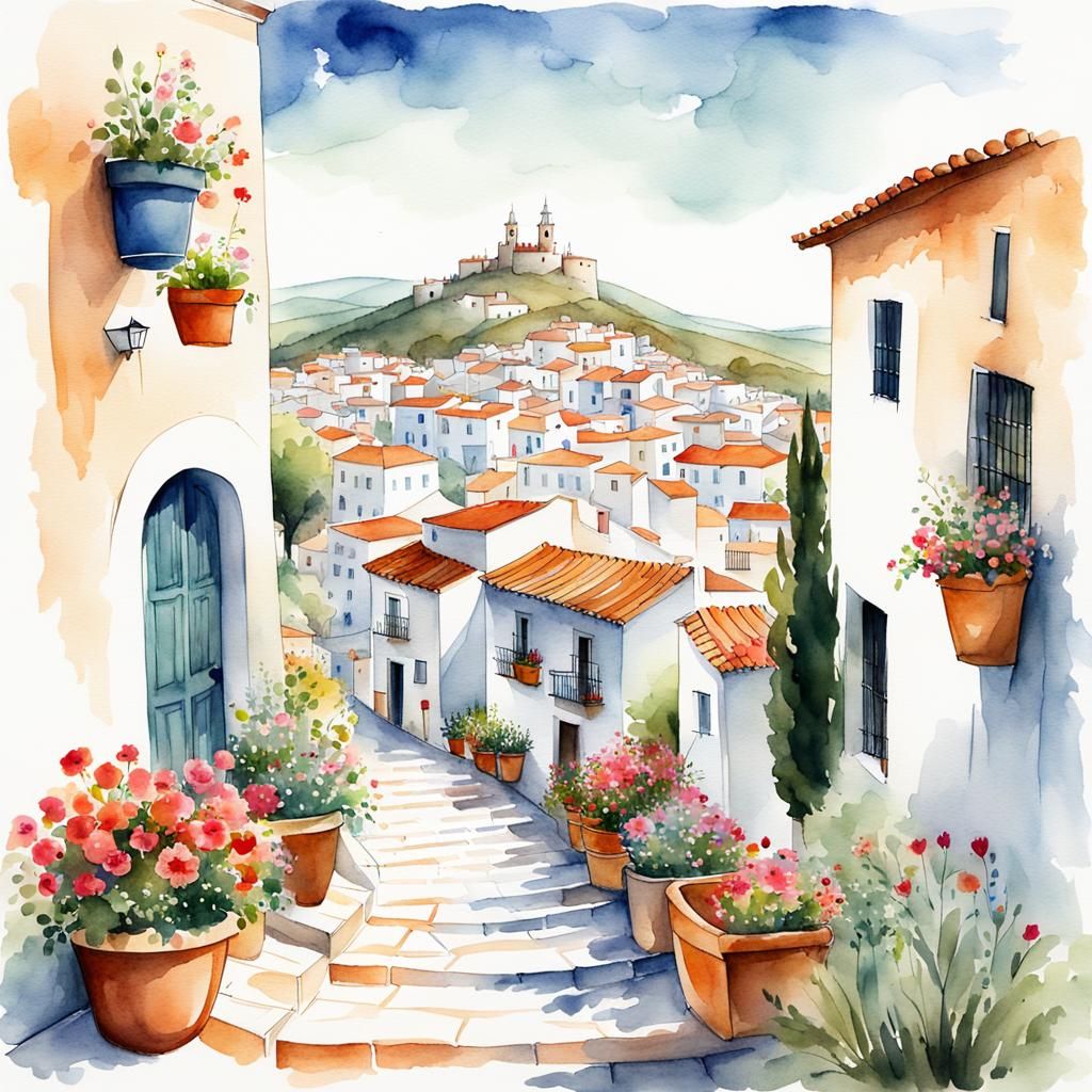 Spanish Hilltop Village: Watercolor Storybook Illustration