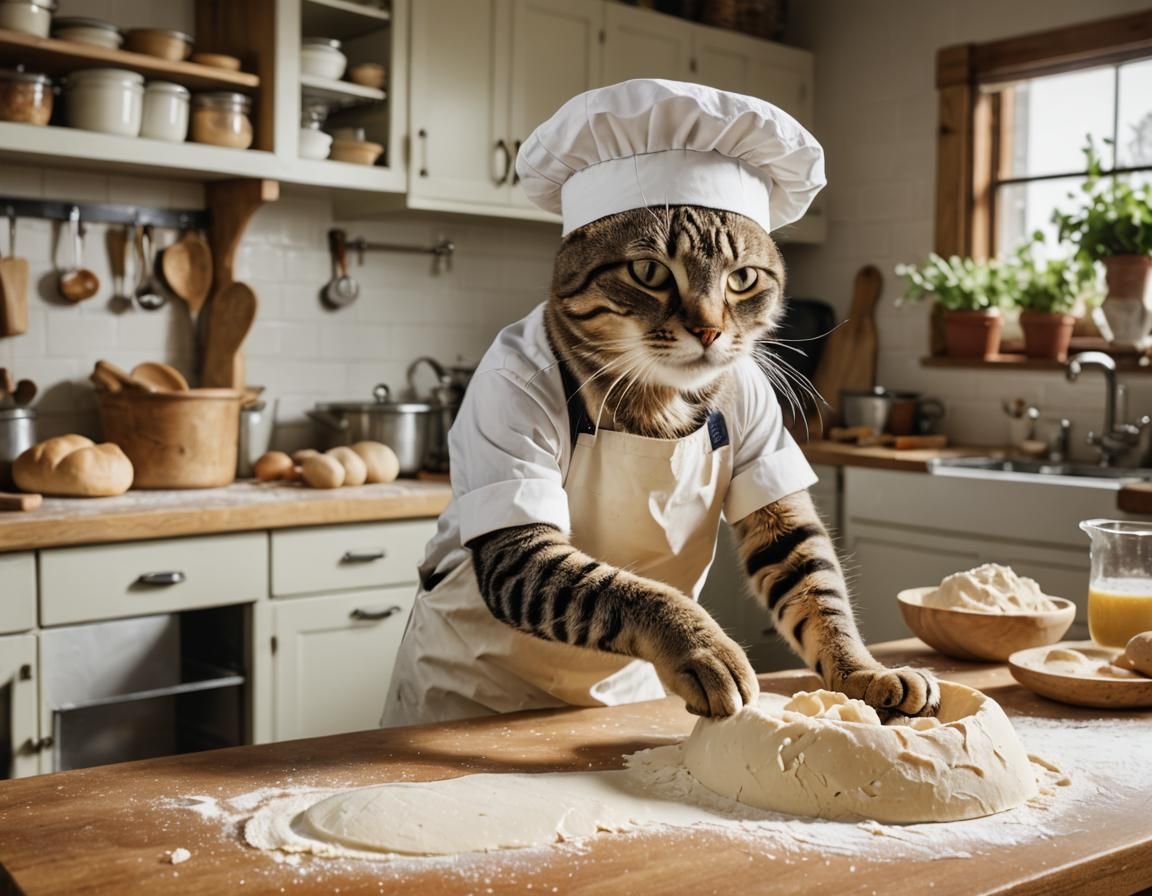 Baker Cat Kneading Dough in Kitchen