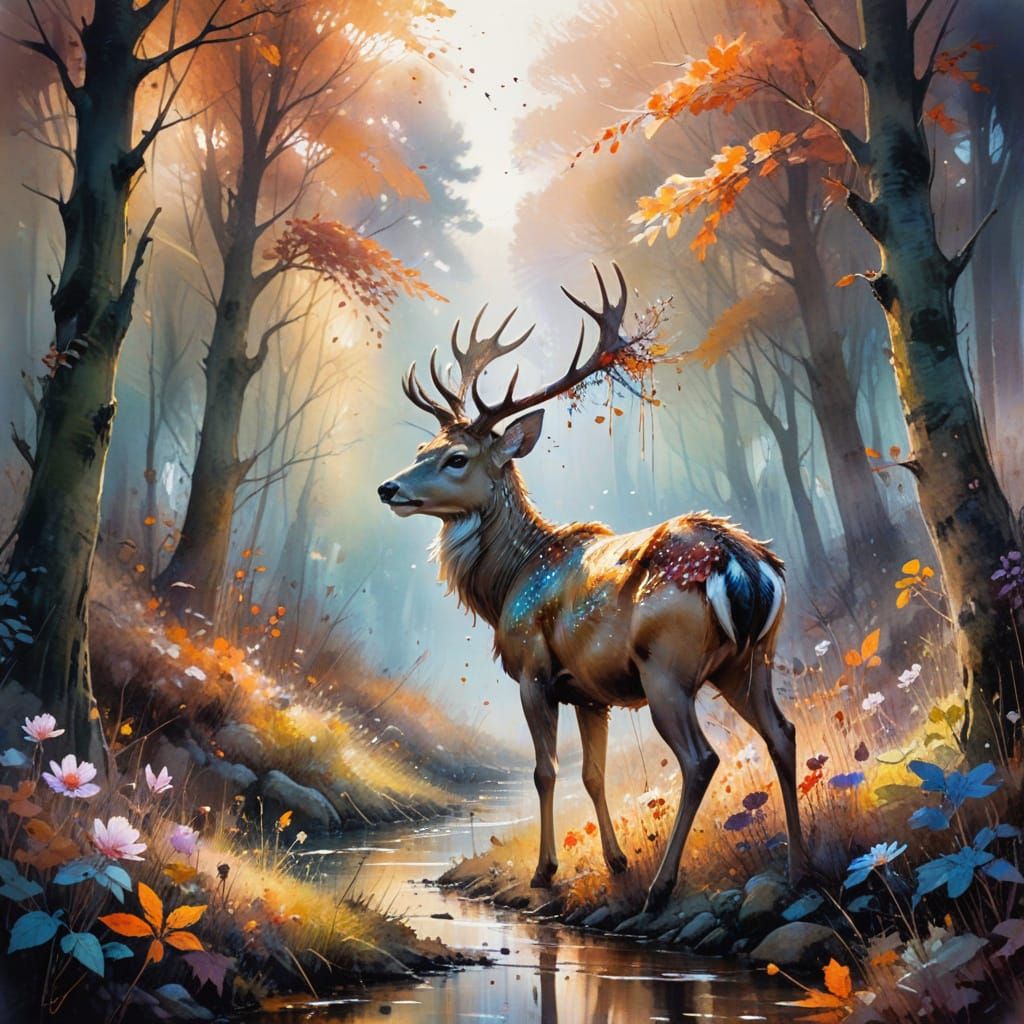 Enchanted Autumn Forest Scene in Whimsical Watercolour Style