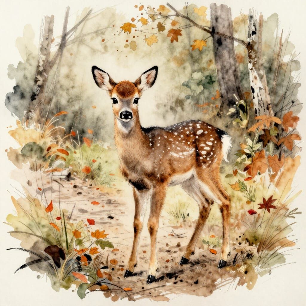 Adorable Fawn on Autumn Forest Path in Watercolour Expressio...