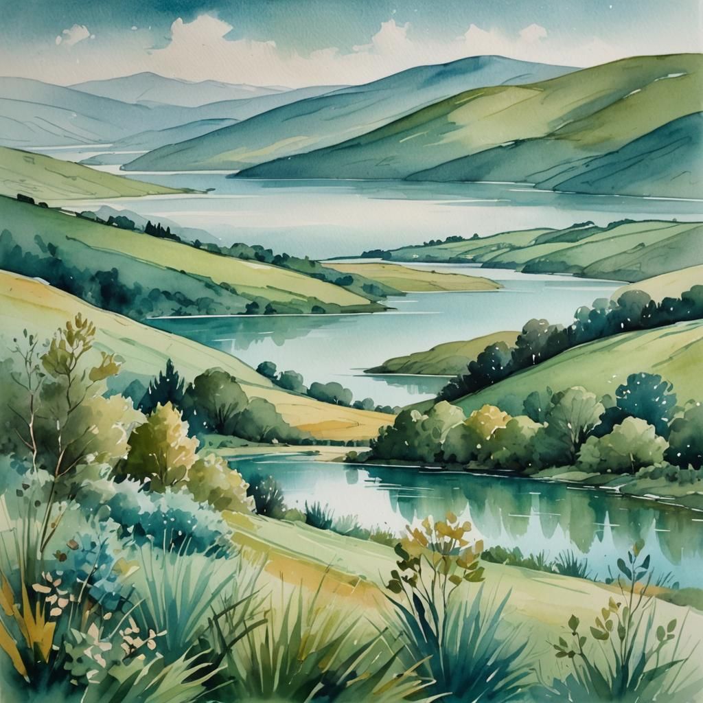 Watercolor Landscape of Serene Lake and Lush Hills