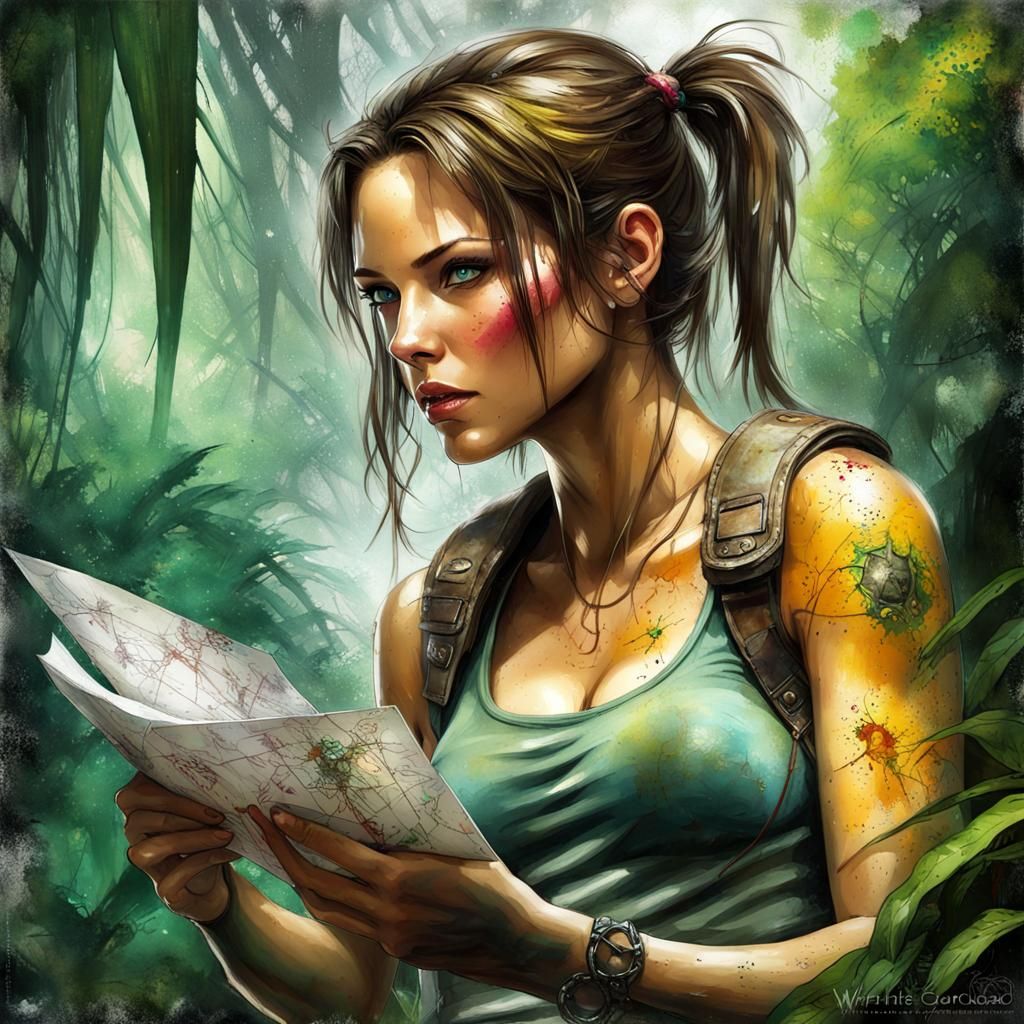 Lara Croft intently studying a weathered treasure map