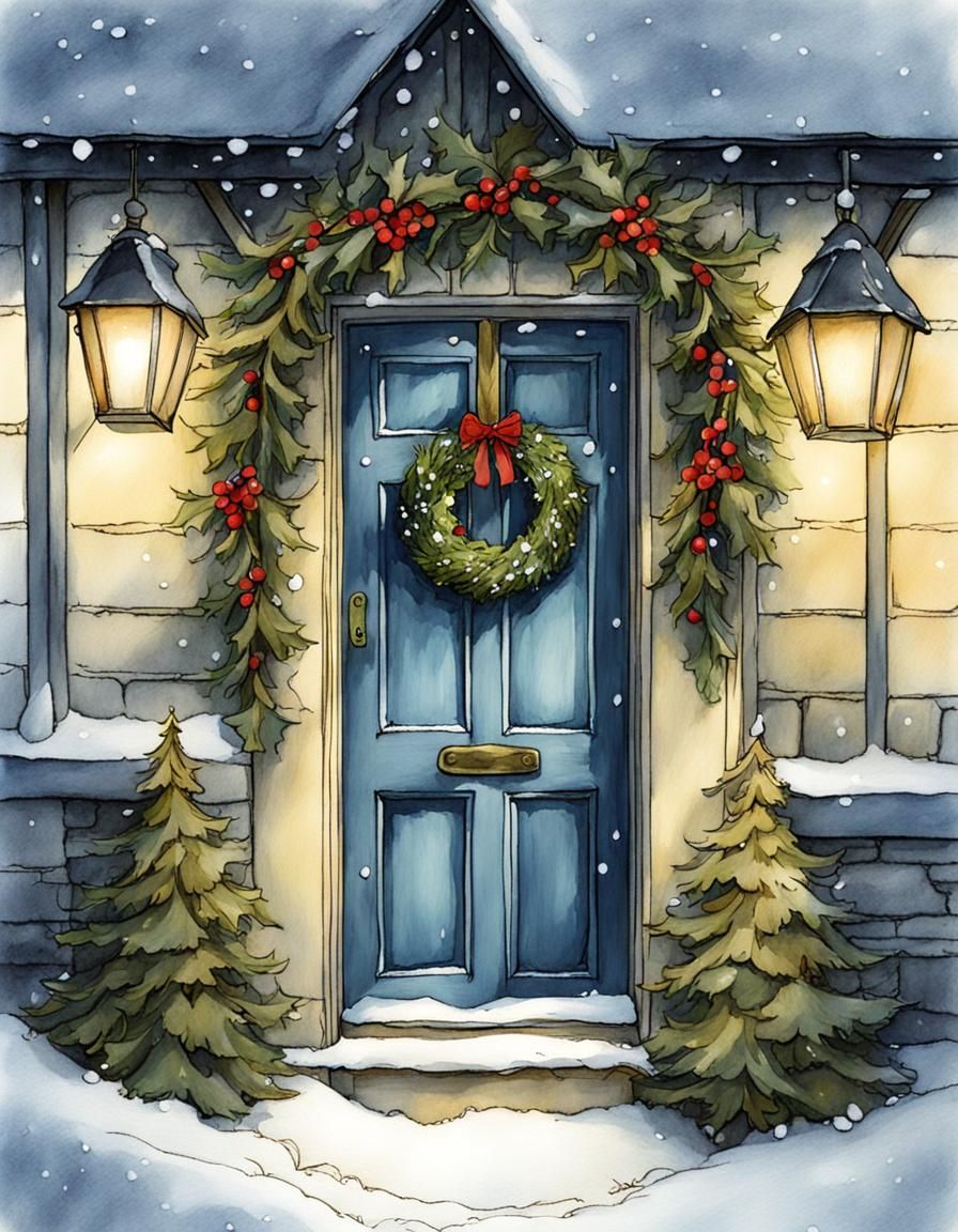 Christmas Wreath on Cotswold Doorway in Watercolor