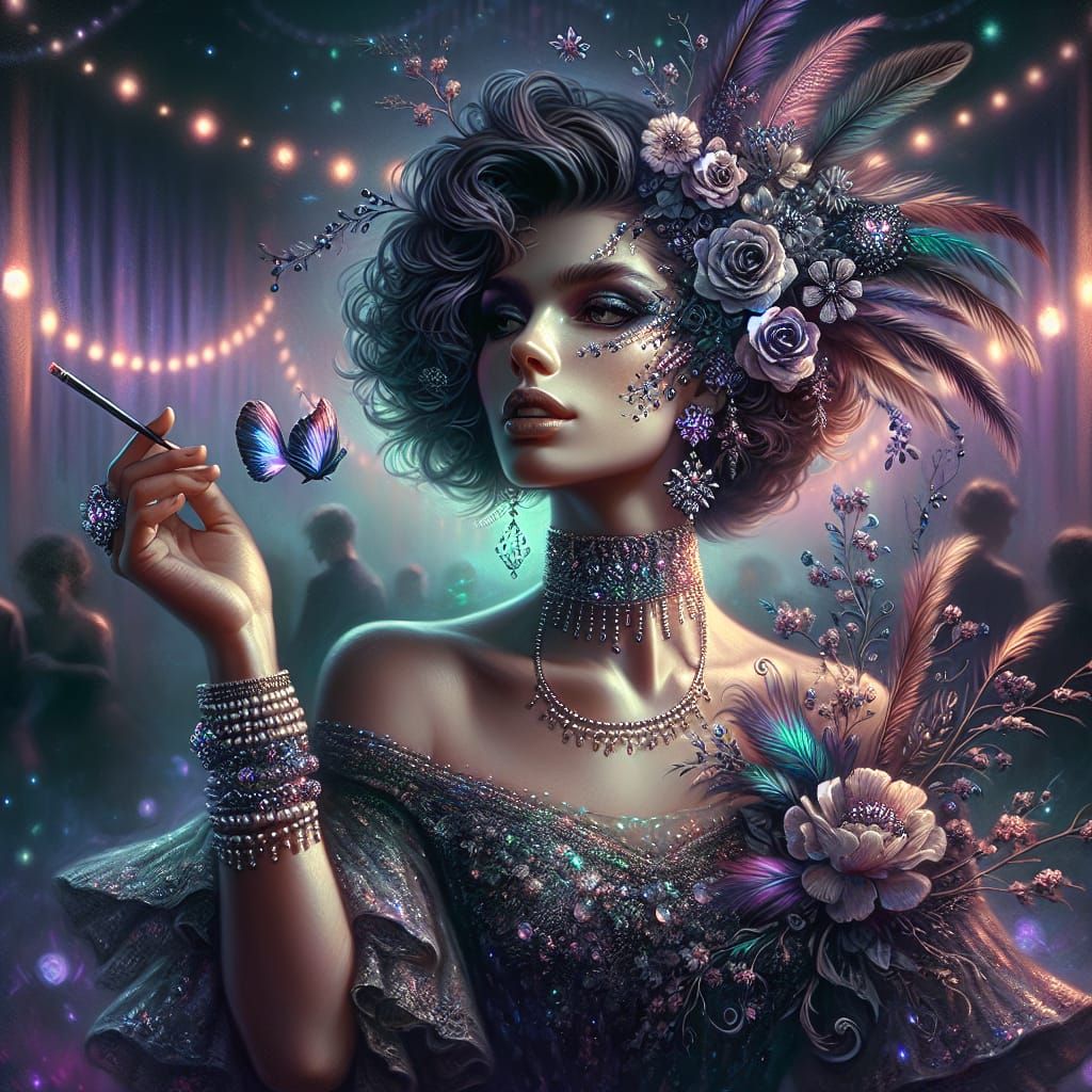 Dark Fantasy Woman with Florals, Jewels, and Pearls