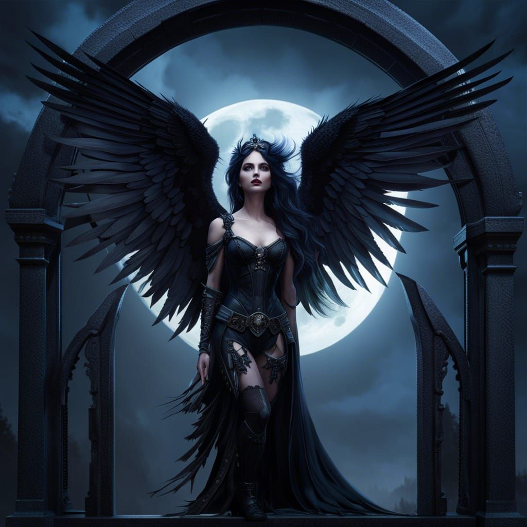Gothic Fairy with Raven on Crumbling Arch