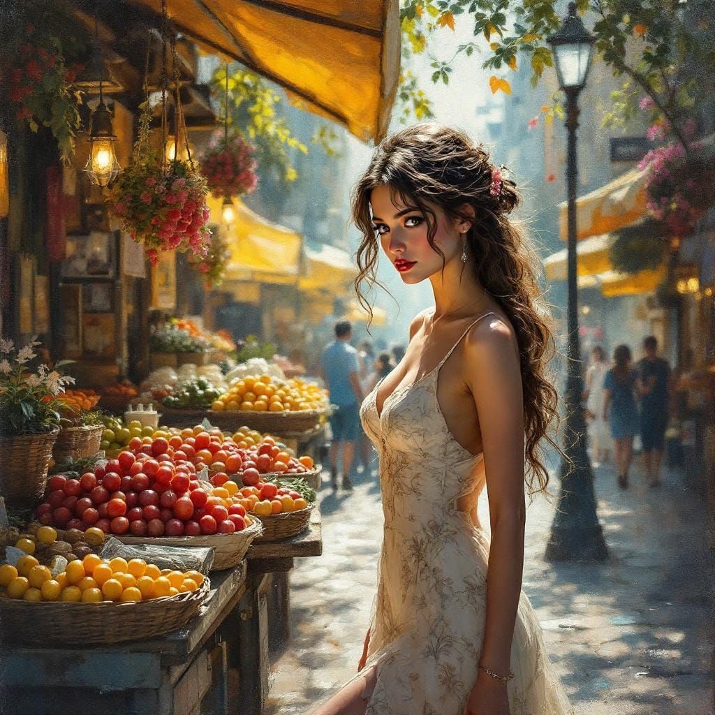 Encaustic Style Young Woman at Market