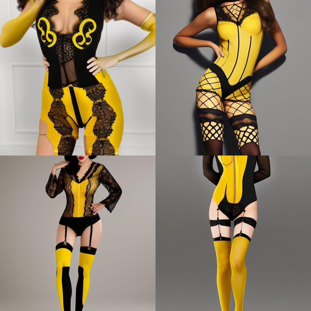 Black and Yellow Lace Bodysuit with Stockings