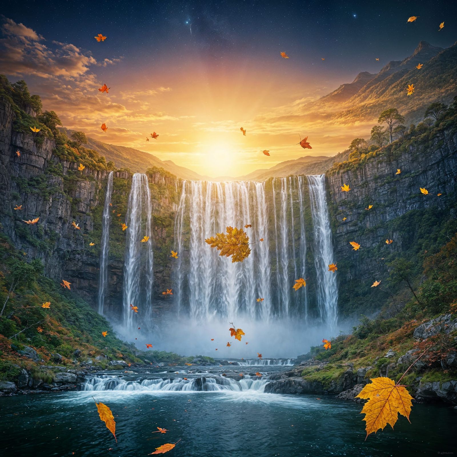Magical Autumn Waterfall Landscape at Golden Sunset