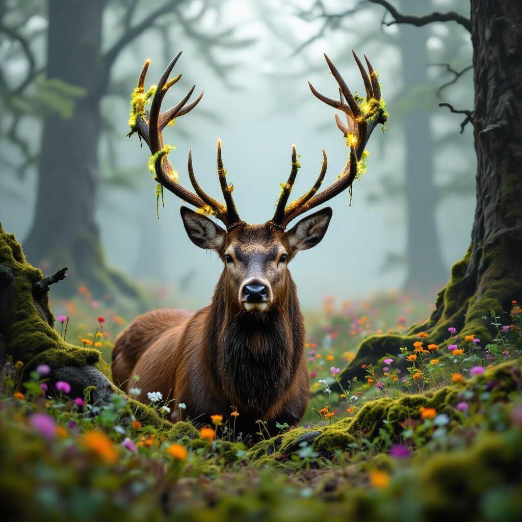 Stag Adorned with Glowing Moss in Misty Forest