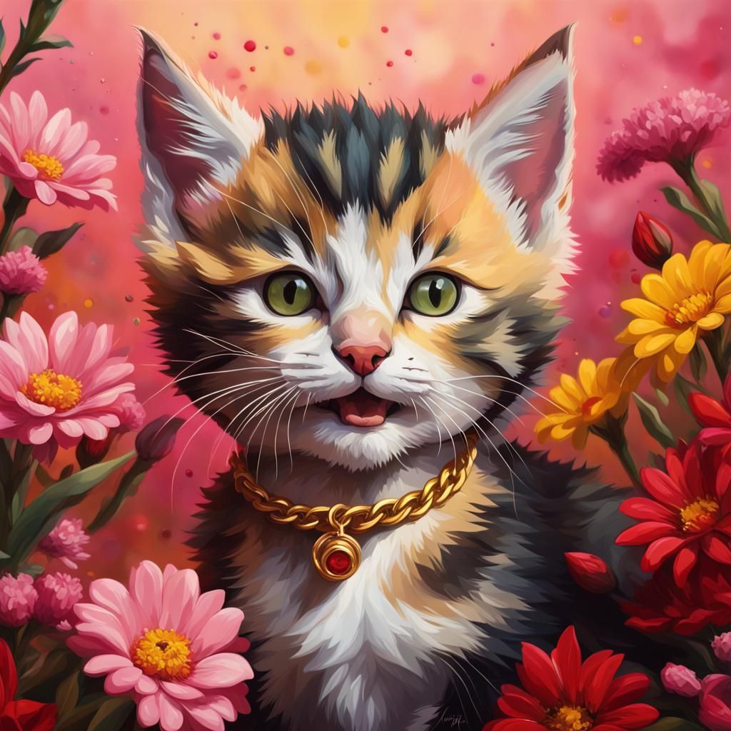 Kitten Adorned with Gold Necklace Among Colorful Flowers