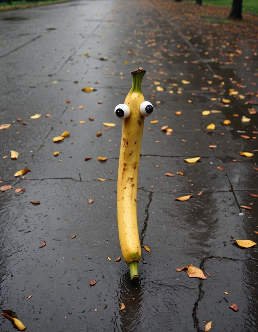 Sad Banana with Googly Eyes in Rainy Park