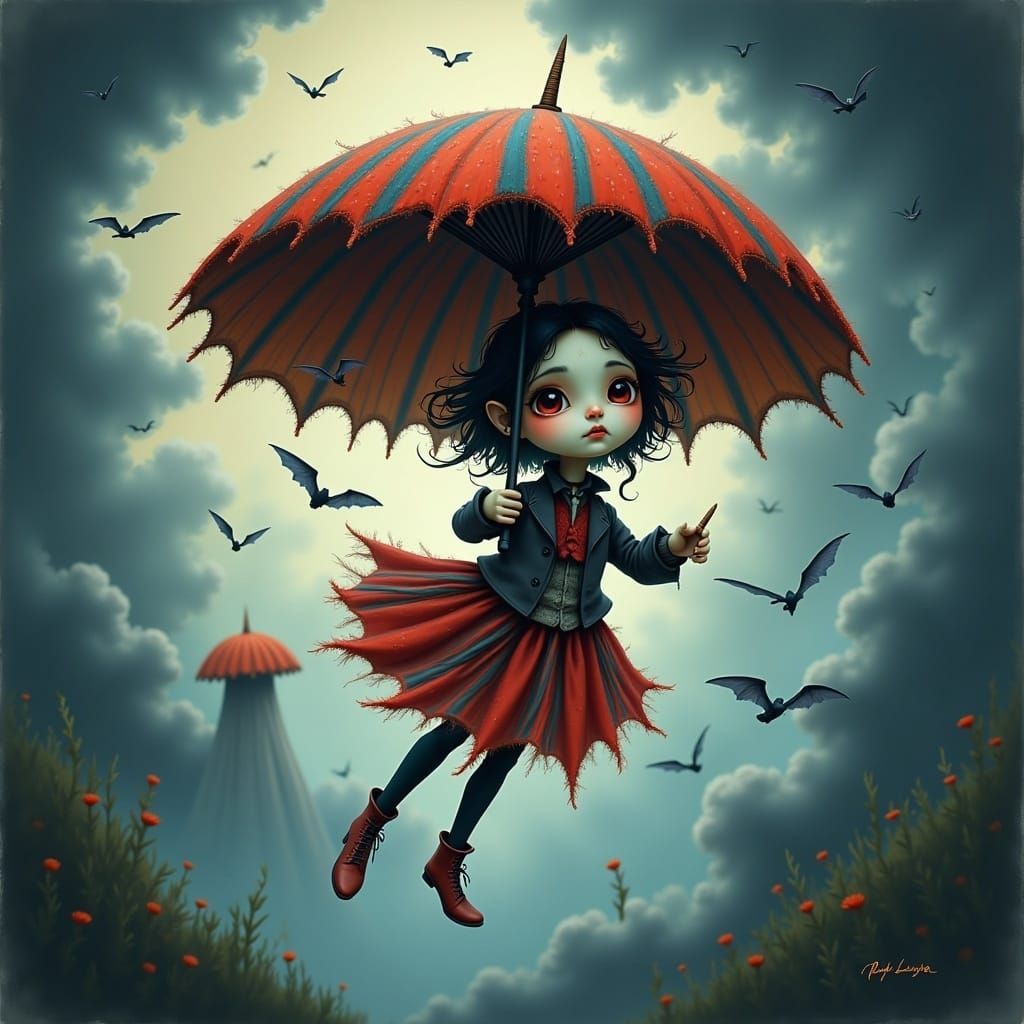 Whimsical Flying Umbrella in a Stormy, Moonlit Sky