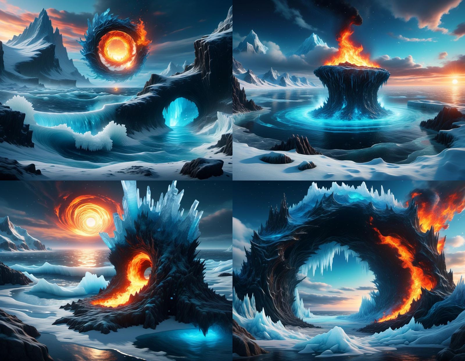 Ocean Shore with Burning Sky: Vivid Fantasy Art